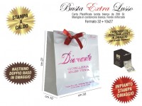 BUSTE IN CARTA LUSSO BIANCA PLASTIFICAZIONE LUCIDA EXTRA impianto stampa, chiudibusta e nastrino doppio raso omaggio 